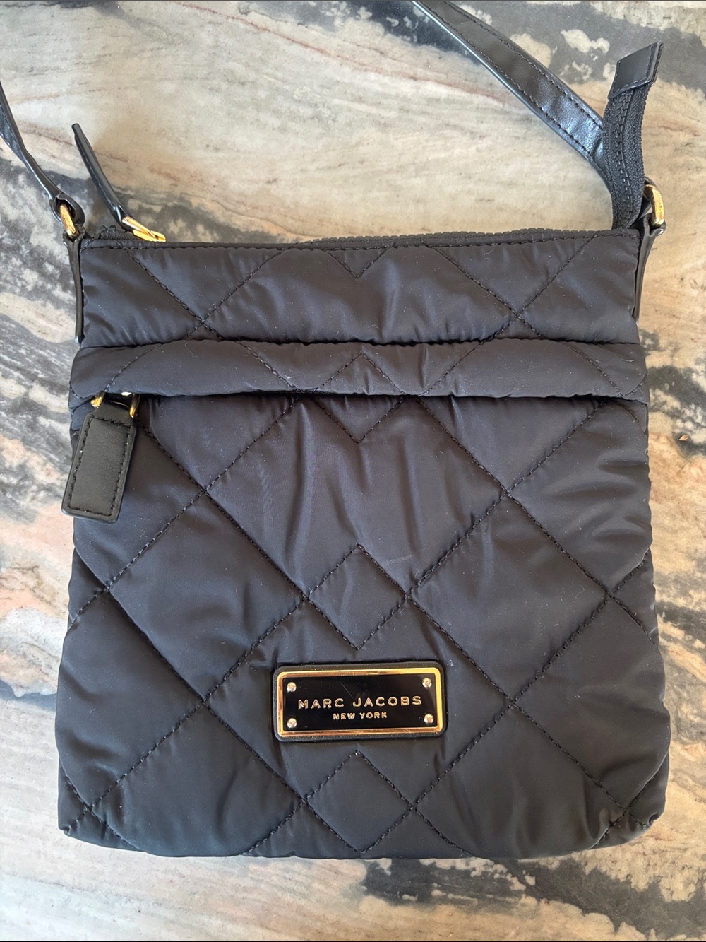 Marc Jacobs Black Quilted Nylon Crossbody with Gold Plaque